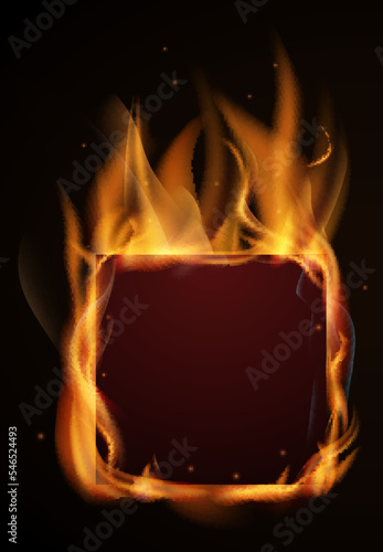 Blank frame in fire. Realistic flame square banner