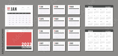 Set of 2023-2024 Calendar Planner Template, and cover with Place for Photo, Company Logo. Vector simple gray grid layout for wall or desk calendar with week start on Monday for print