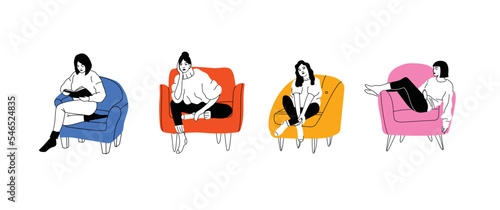 Young fashion woman or girl sitting on the chair or sofa at home. Female character visiting friend, relaxing after work, models sitting in various poses. Cartoon hand drawn illustration