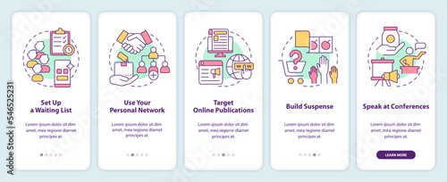 Landing your first customers tricks onboarding mobile app screen. Walkthrough 5 steps editable graphic instructions with linear concepts. UI, UX, GUI template. Myriad Pro-Bold, Regular fonts used