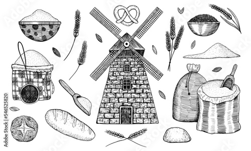 Mill and flour. A set of elements: bags of flour, baking, mill, bread, wheat. Farm collection. Hand-drawn. Engraving
