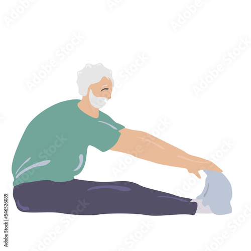 Old man stretching, old man doing sports or yoga in sports clothes. Useful active recreation, flat vector illustration on white background.