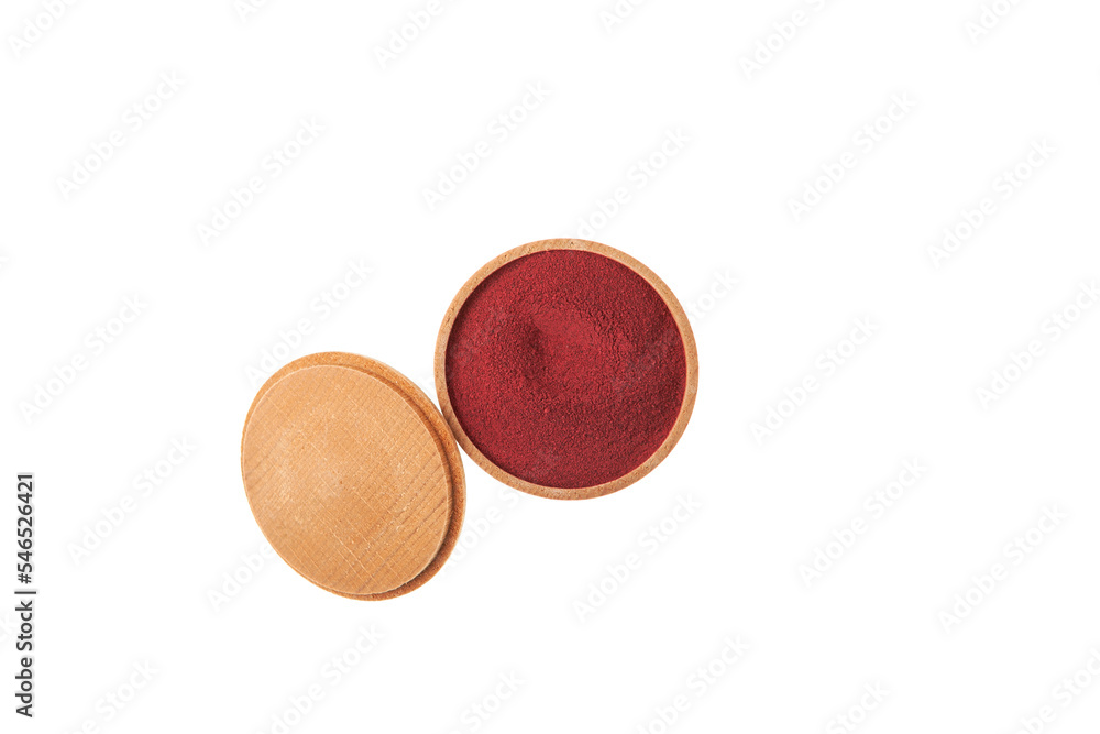 Beetroot powder in wooden bowl on white background, top view. Food additive E162, natural colorant, beet red. Dry beet powder reduce blood pressure, boost energy, detox Beetroot powder in wooden bowl on white background, top view. Food additive E162, natural colorant, beet red. Dry beet powder reduce blood pressure, boost energy, detox