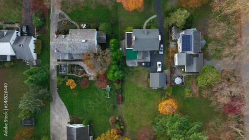 Top down aerial of mansions in American suburbs during autumn. Rooftop birds eye view. photo