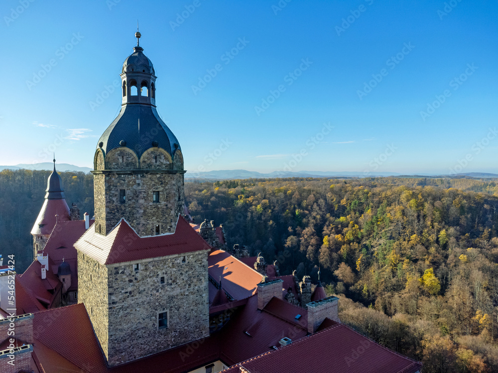 Aerial view , landscape and view of forests and mountains, tower , tower, castle, church.