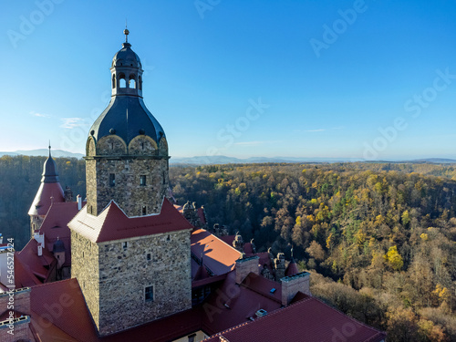 Obraz na płótnie Aerial view , landscape and view of forests and mountains, tower , tower, castle, church. w salonie