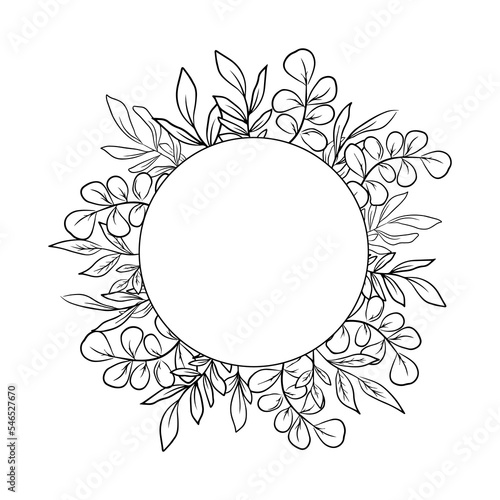 Line art circle floral frame for wedding or greeting card, hand drawn eucalyptus leaves