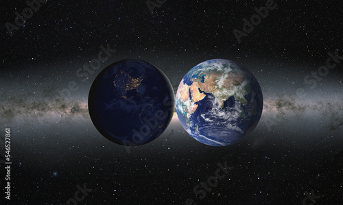 Fototapeta Naklejka Na Ścianę i Meble -  Planet Earth. Day and Night Side of our Planet, Milky way galaxy in the background 
