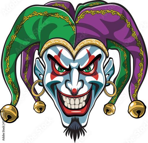 Cartoon style jester head wearing a fools hat