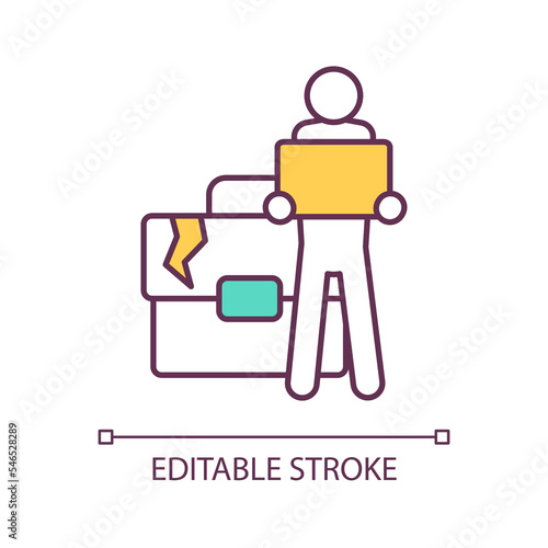 Fired employee RGB color icon. Business crisis effect. Unemployment problem. Worker looking for job. Isolated vector illustration. Simple filled line drawing. Editable stroke. Arial font used