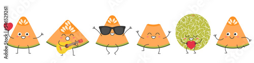 Set slice melon cute character cartoon greet jump love run sing smiling face cheerful kawaii joy happy emotions icon vector illustration.