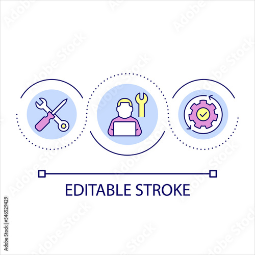Computer service loop concept icon. Hardware maintenance company. Set up software. Testing device abstract idea thin line illustration. Isolated outline drawing. Editable stroke. Arial font used