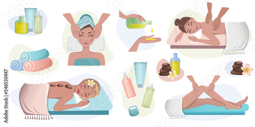 Spa relaxing and massage set.
Colorful cartoon illustration. Flat.
Beautiful young woman relaxing in spa salon. 
body massage concept.
hot stone on back. massage table. Thai massage. natural organic 
