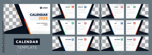 2023 Yearly Calendar Template Design Set With Space For Image Against Gray Background.