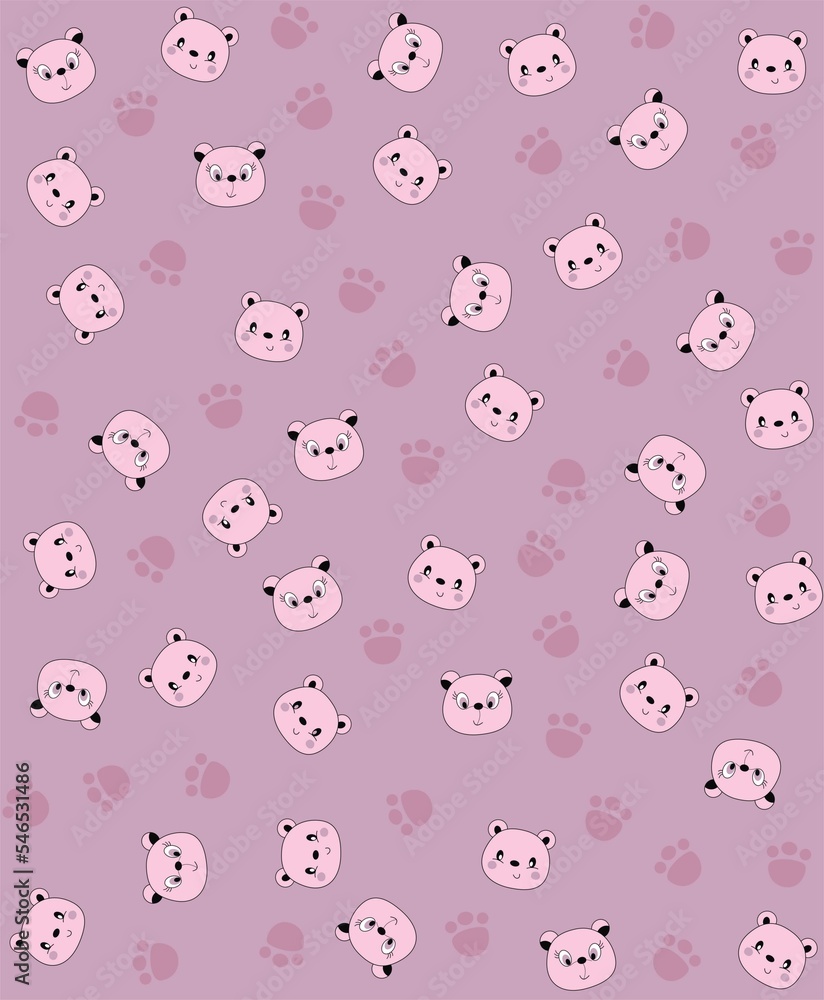 Background with bear faces in pink tones, female bear faces, footprints, bear feet, baby fashion, starry rapport,