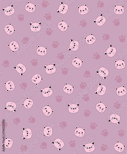 Fototapeta Naklejka Na Ścianę i Meble -  Background with bear faces in pink tones, female bear faces, footprints, bear feet, baby fashion, starry rapport,
