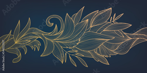 Vector art deco luxury floral line pattern. Hand drawn wavy leaves for packaging, social media post, cover, banner, creative post and wall arts. Japanese style. Black and golden background. Horizontal