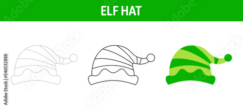 Elf Hat tracing and coloring worksheet for kids