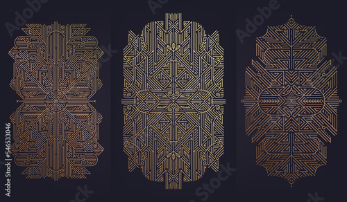 Vector set of art deco design elements, labels and frames for luxury products, golden linear fancy backagrounds, gatsby vintage style. Use for invitations, posters, prints, packaging