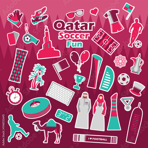 Sticker pack, Football sports competition, Qatar tourist icon set. Doha background in color national flag. National day. Middle eastern football.