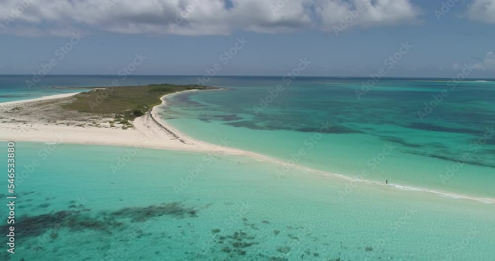 People walking far away on white sandbar Tropical Beach, Aerial Shot pan right summer day People walking far away on white sandbar Tropical Beach, Aerial Shot pan right summer day