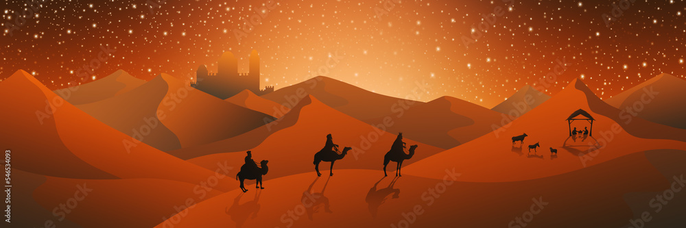 Christmas Nativity Scene of three Wise Men Magi going to meet Baby Jesus in the Manger with the city of Bethlehem in the distance Illustration Christmas Nativity Scene of three Wise Men Magi going to meet Baby Jesus in the Manger with the city of Bethlehem in the distance Illustration