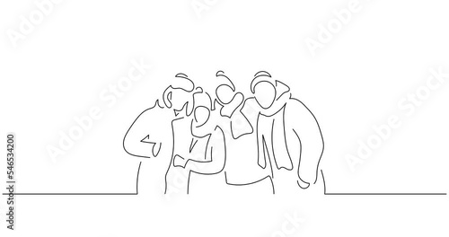 People wearing warm clothes in line art animation. Composition of a winter scene. Black linear video on white background. Animated gif illustration design.