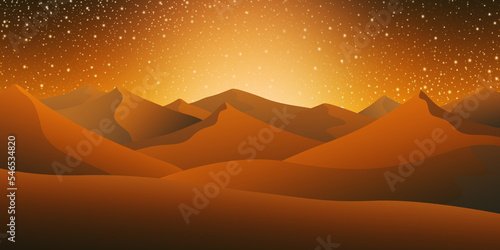 Desert landscape with sand dunes under the night sky full of stars illustration