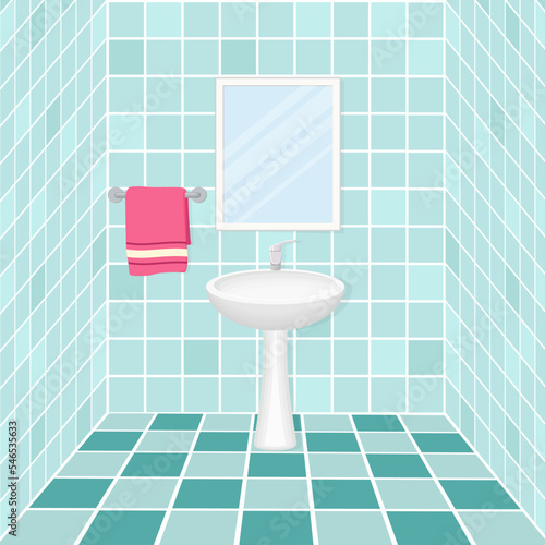 The bathroom sink.Toilet room sink towel and mirror.Vector illustration.
