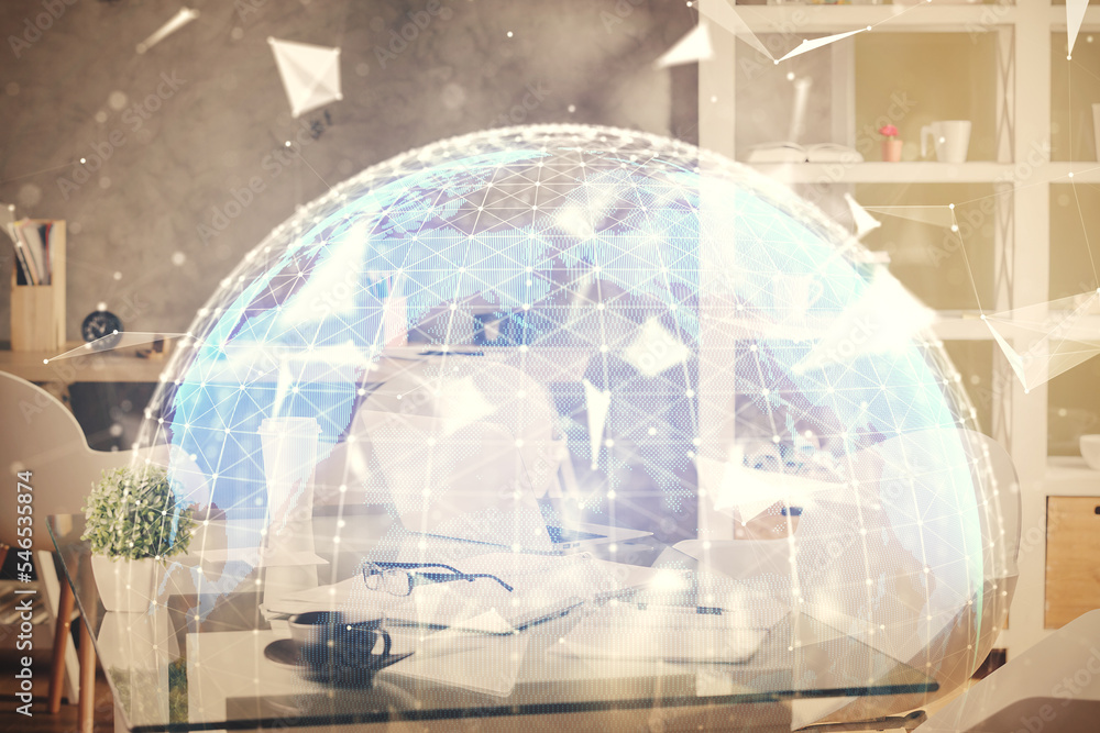 Double exposure of business theme drawing and office interior background. Concept of success Double exposure of business theme drawing and office interior background. Concept of success