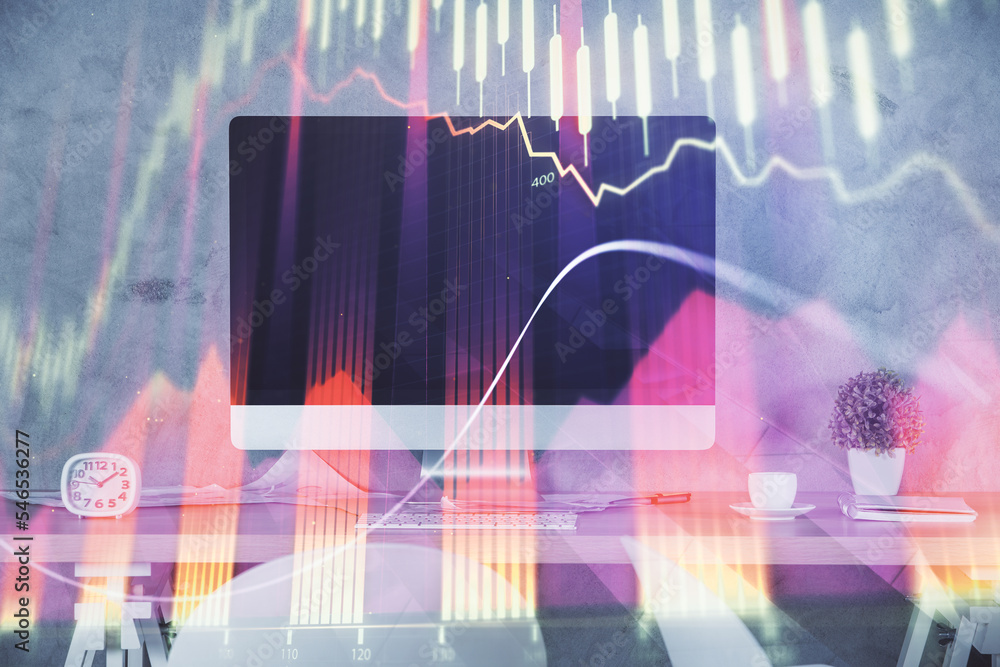 Multi exposure of financial graph drawing and office interior background. Concept of market analysis. Multi exposure of financial graph drawing and office interior background. Concept of market analysis.