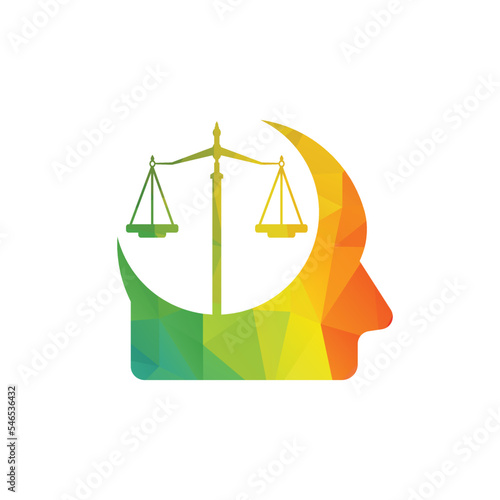 Scales in the human head logo concept. Head icon with a justice weight scale vector.
