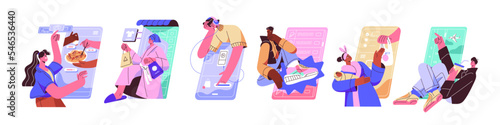 Online shopping concept. Customers buying, ordering via internet with mobile phone app. People and smartphone application for purchases. Flat graphic vector illustration isolated on white background