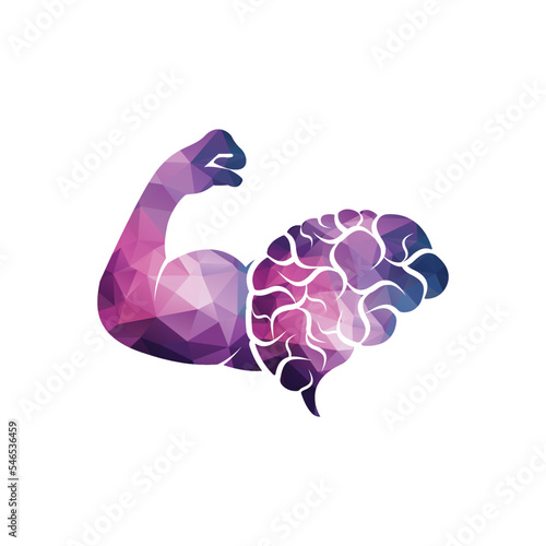 Strong brain vector logo design. Brain with strong double bicep.