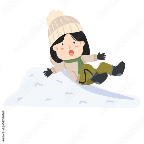 Kid girl Sliding Off Snow Hill
