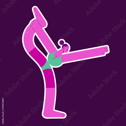 Girl in balancing asana, Dancer pose. Woman standing, exercising in Natarajasana position, Lord of the Dance posture of yoga. Healthy person training, stretching. Colored flat vector illustration