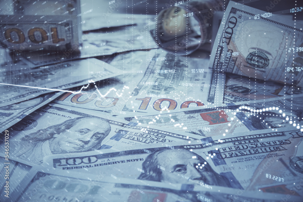 Fototapeta premium Multi exposure of forex chart drawing over us dollars bill background. Concept of financial success markets.