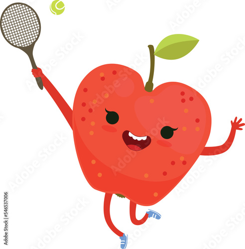 Apple playing tennis. Cartoon fruit. Sport character