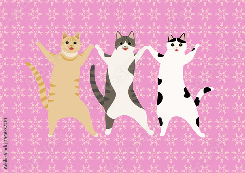 卯年を記念してウサギ柄の背景でダンスする猫トリオ