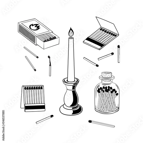Safety match outline black and white vector illustration set isolated on white background