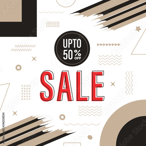 Upto 50% off Sale written in circle with geometric art and elements, banner, poster, vector image template logo