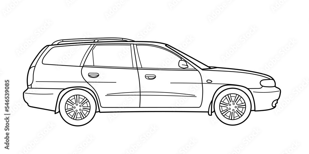 classic station wagon 80s, 90s. front shot, 3d view. outline doodle vector illustration