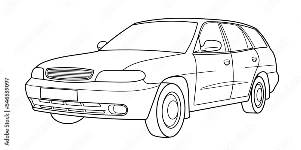 classic station wagon 80s, 90s. front shot, 3d view. outline doodle vector illustration