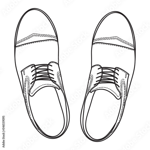 Vector hand drawing illustration with men fashion oxford shoes, top view. Ouline doodle illustration