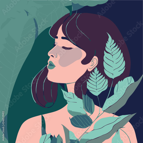 Peaceful relaxed happy girl. Vector art of wellness and well being. Calm young cartoon character illustration. Happy concept of yoga. Woman meditating. Zen woman dreaming in peace. Mental health.