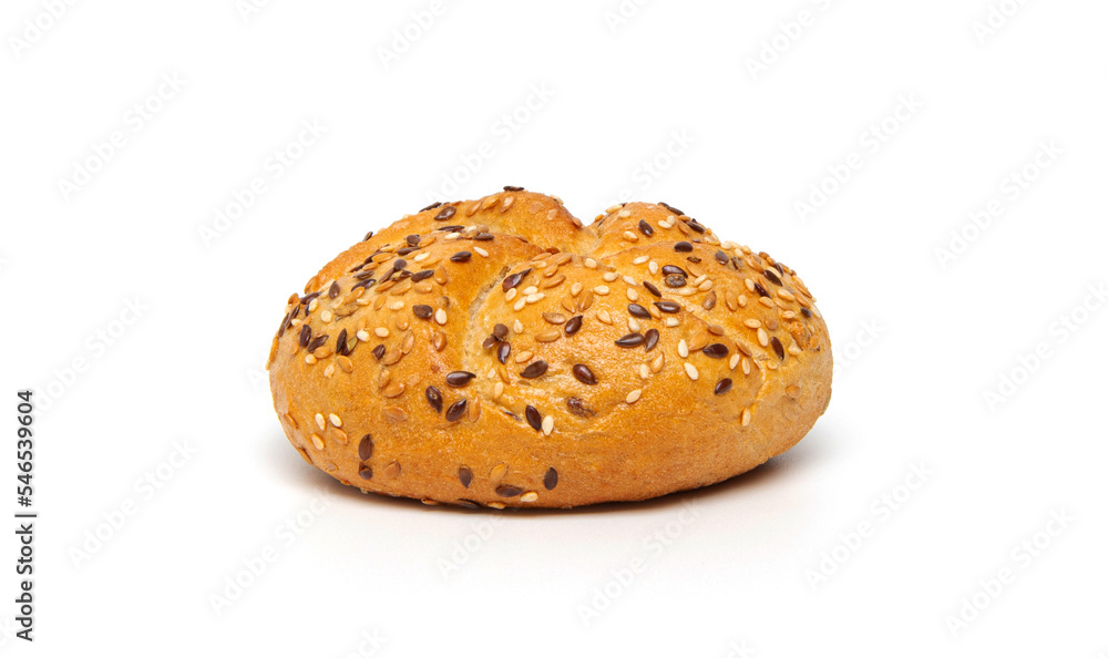 Traditional kaiser roll bun with linseeds and sesame seeds isolated on white background Traditional kaiser roll bun with linseeds and sesame seeds isolated on white background