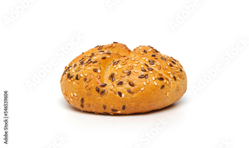 Traditional kaiser roll bun with linseeds and sesame seeds isolated on white background