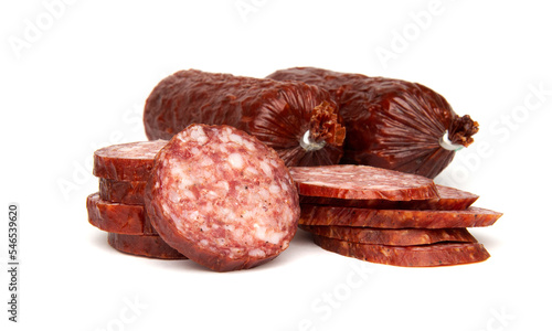 Salami sausage with pork and wild boar isolated on white background