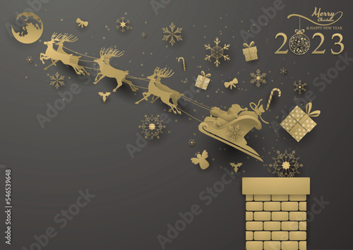 gold reindeer and santa claus,snowflake and decoration jump from chimney on black  background,light ,merry christmas ,happy new year 2023.