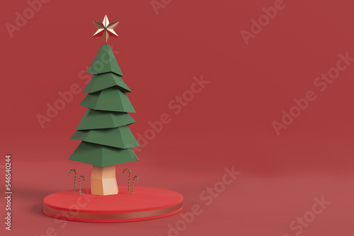 Happy New Year,christmas red background,green christmas tree,ornament candy cane,Xmas Decorations,gift box,decoration scene,geometric polygon,product show,celebrate holiday,3d render,banner design